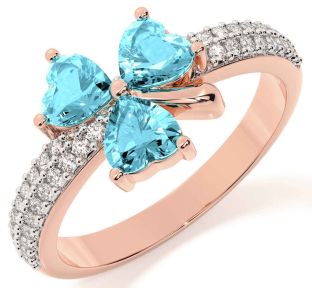 Diamond Aquamarine Rose Gold Silver Shamrock Ring