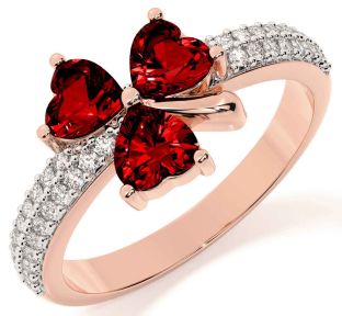 Diamond Garnet Rose Gold Silver Shamrock Ring