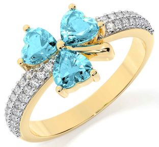 Diamond Aquamarine Gold Silver Shamrock Ring