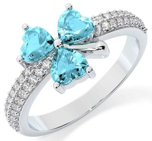 Diamond Aquamarine Silver Shamrock Ring