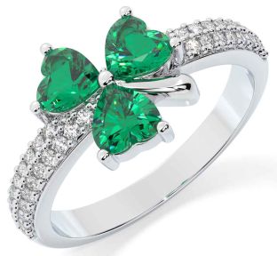 Diamond Emerald Silver Shamrock Ring