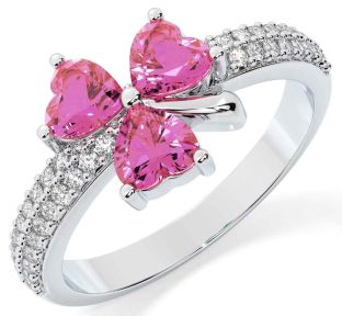 Diamond Pink Tourmaline Silver Shamrock Ring
