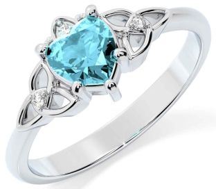 Diamond Aquamarine Silver Celtic Trinity Knot Ring