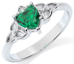 Diamond Emerald Silver Celtic Trinity Knot Ring