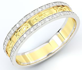 10K/14K/18K Two Tone Gold White & Yellow Genuine Diamond .5cts Claddagh Celtic Mens Wedding Band Ring