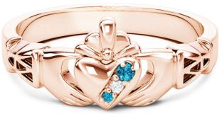 10K/14K/18K Rose Gold Genuine Aquamarine.035cts Genuine Diamond .1cts Claddagh Celtic Knot Ring - March Birthstone