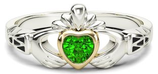 Ladies Emerald Silver Gold Claddagh Ring