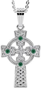 14K White Gold Solid Silver Emerald Irish "Celtic Cross" Pendant Necklace