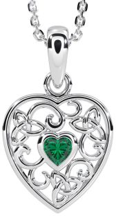 Emerald Silver Celtic Knot Heart Pendant Necklace