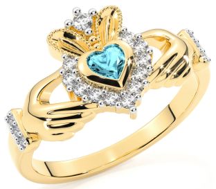 10K/14K/18K Yellow Gold Diamonds & Aquamarine Claddagh Ring - March Birthstone