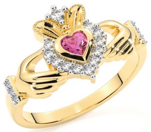 10K/14K/18K Diamond &  Pink Tourmaline Yellow Gold Claddagh Ring -October Birthstone