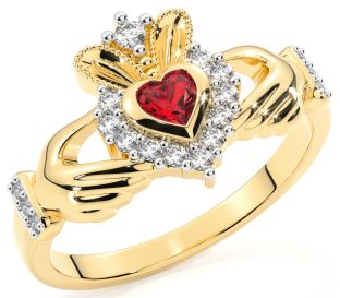 Ladies 10K/14K/18K Yellow Gold Ruby .25cts and Diamond .18cts  Claddagh Ring - July Birthstone