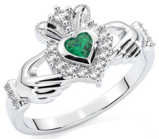 Ladies 10K/14K/18K Solid White Gold Emerald .25cts and  Diamond .18cts Claddagh Ring - May Birthstone