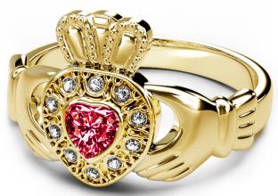 10K/14K/18K Yellow Gold Diamond and Ruby Celtic Claddagh Ring