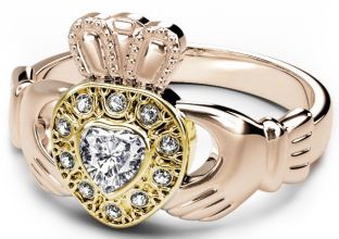 Rose & Yellow Gold Genuine Diamond .38cts Claddagh Ring - April Birthstone