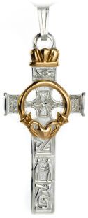 14K Two Tone Gold Silver Celtic Cross Claddagh Pendant 