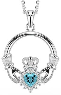 Aquamarine Diamond Silver Claddagh Pendant Necklace - March Birthstone