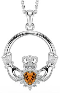 Citrine Diamond Silver Claddagh Pendant Necklace - November Birthstone