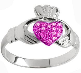 10K/14K/18K White Gold Genuine Pink Sapphire .07cts Claddagh Ring 