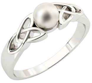Silver Pearl Celtic Trinity Knot Ring
