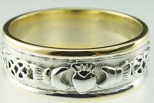 Mens 10K/14K/18K Two Tone Gold Celtic Claddagh Wedding Ring