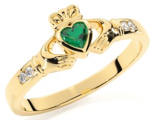 Ladies Emerald Diamond Gold Silver Claddagh Ring - May Birthstone