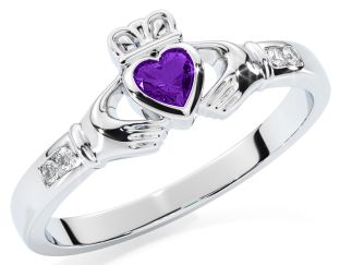 Ladies Amethyst Silver Claddagh Ring - February Birthstone