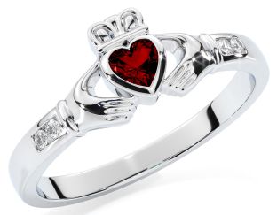 Ladies Garnet Silver Claddagh Ring - January Birthstone