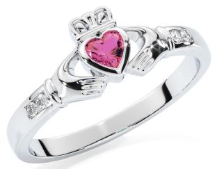 Ladies Pink Tourmaline Silver Claddagh Ring - October Birthstone