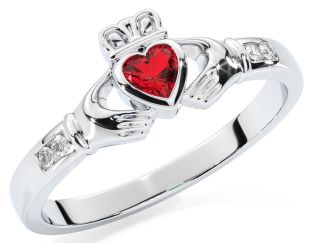 Ladies Ruby Diamond Silver Claddagh Ring - July Birthstone