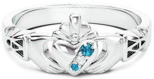 Ladies Diamond Aquamarine Silver Claddagh Celtic Knot Ring - March Birthstone