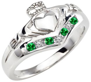 Ladies Emerald Diamond Silver Claddagh Ring 