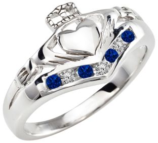 Ladies Sapphire Diamond Silver Claddagh Ring 