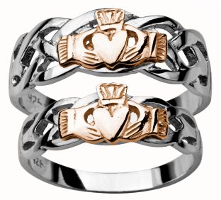 Gold White and Rose Claddagh Celtic Wedding Ring Set