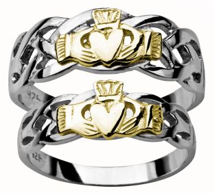 Gold White and Yellow Claddagh Celtic Wedding Ring Set