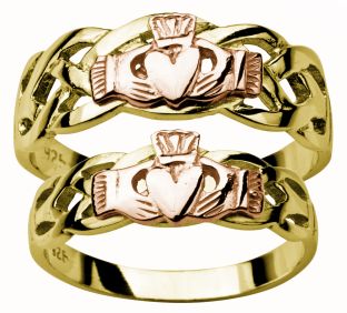 Gold Yellow & Rose Claddagh Celtic Wedding Ring Set