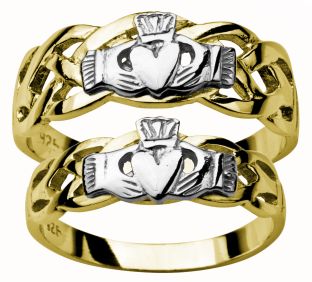 14K Yellow & White Gold coated Silver Claddagh Celtic Ring Set