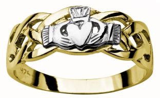 Mens 14K Yellow & White Gold coated Silver Claddagh Celtic Ring