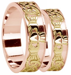 Rose & Yellow Gold Celtic Claddagh Band Ring Set