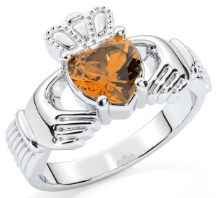 Ladies Yellow Sapphire Silver Claddagh Ring 
