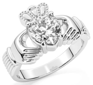 Ladies Diamond Silver Claddagh Ring - April Birthstone