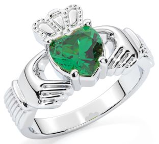 Ladies Emerald White Gold Claddagh Ring - May Birthstone