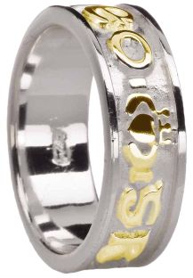Mens 14K White & Yellow Gold Silver "Love Forever" Claddagh Band Ring 