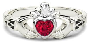 White Gold Red Garnet Claddagh Celtic Knot Ring - January Birthstone