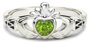White Gold Peridot Claddagh Celtic Knot Ring - August Birthstone