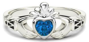 Ladies Blue Sapphire White Gold Claddagh Ring