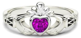 Ladies Pink Tourmaline Silver Claddagh Celtic Knot Ring - October Birthstone