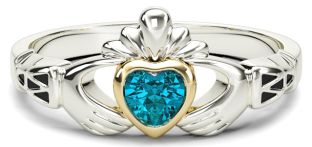  Ladies Aquamarine Gold Claddagh Ring