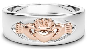 14K White & Rose Gold coated Silver Claddagh Band Ring Unisex Mens Ladies
