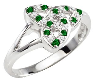 Ladies Emerald Diamond Silver Celtic Trinity knot Ring 